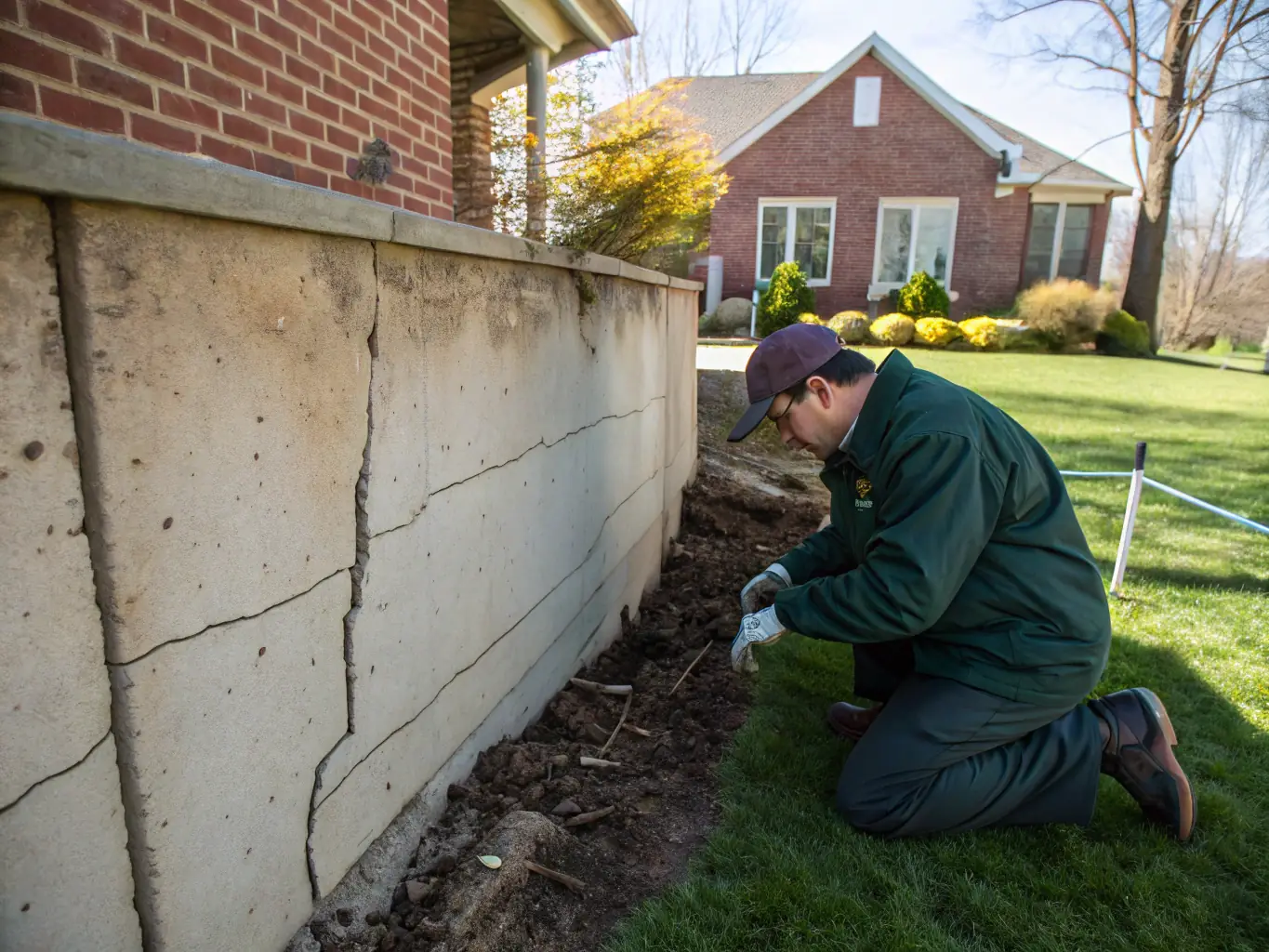 Close-up shot of a technician inspecting a home's foundation for termite activity, using specialized equipment.