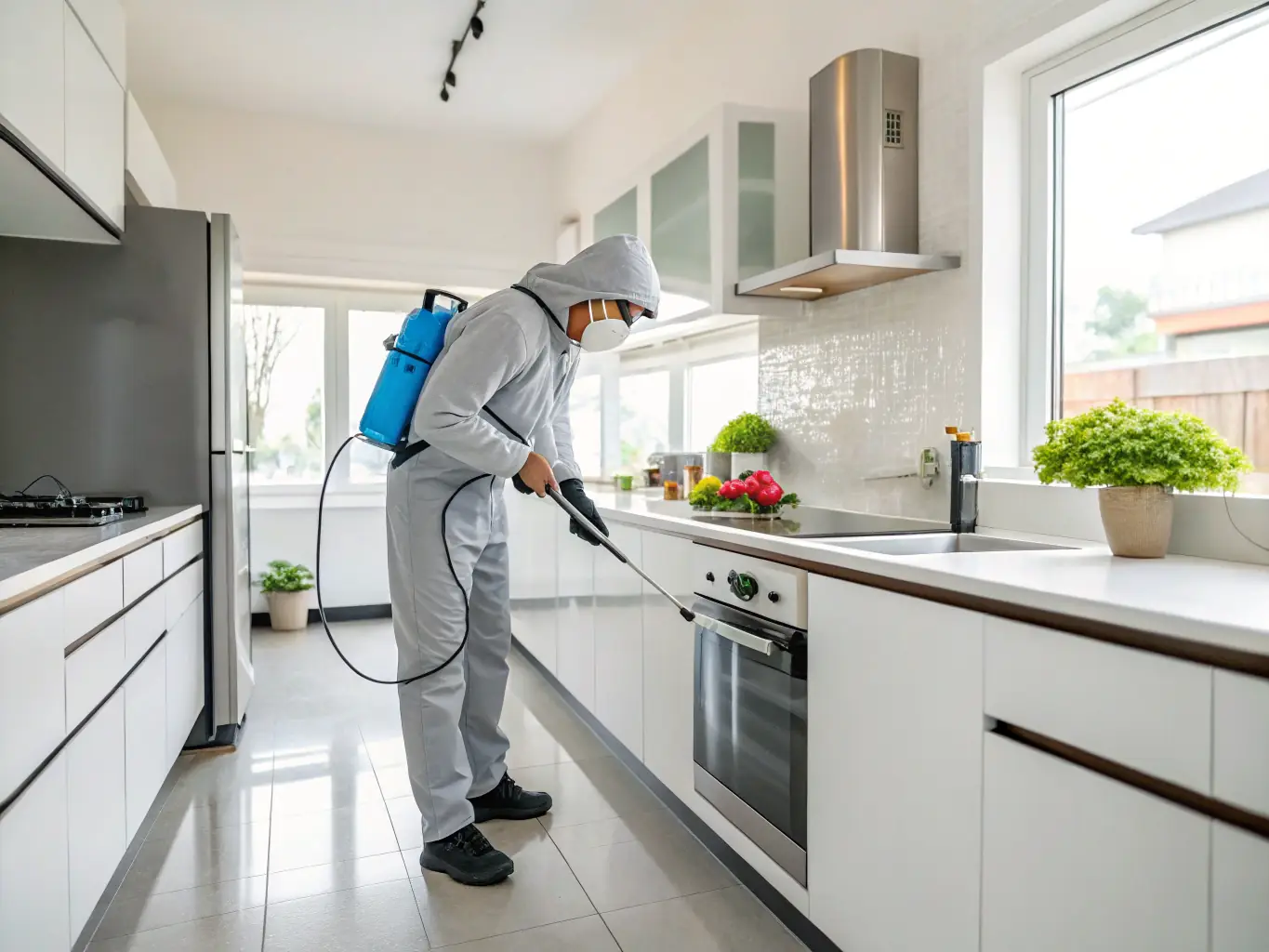 A technician applying eco-friendly pest control treatment in a residential home, focusing on baseboards and potential entry points.