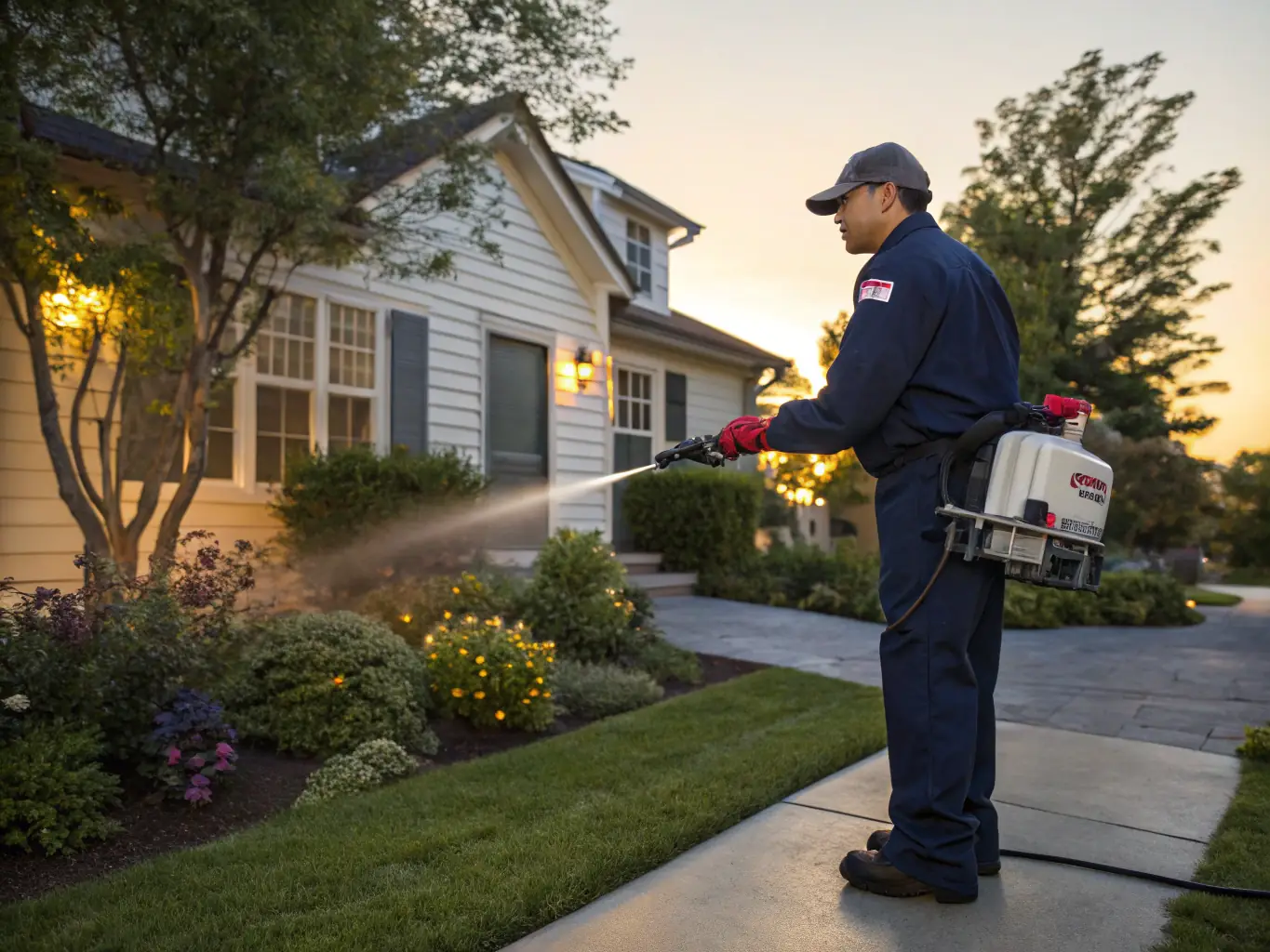 A technician spraying mosquito control solution in a backyard with lush greenery, targeting mosquito breeding areas.