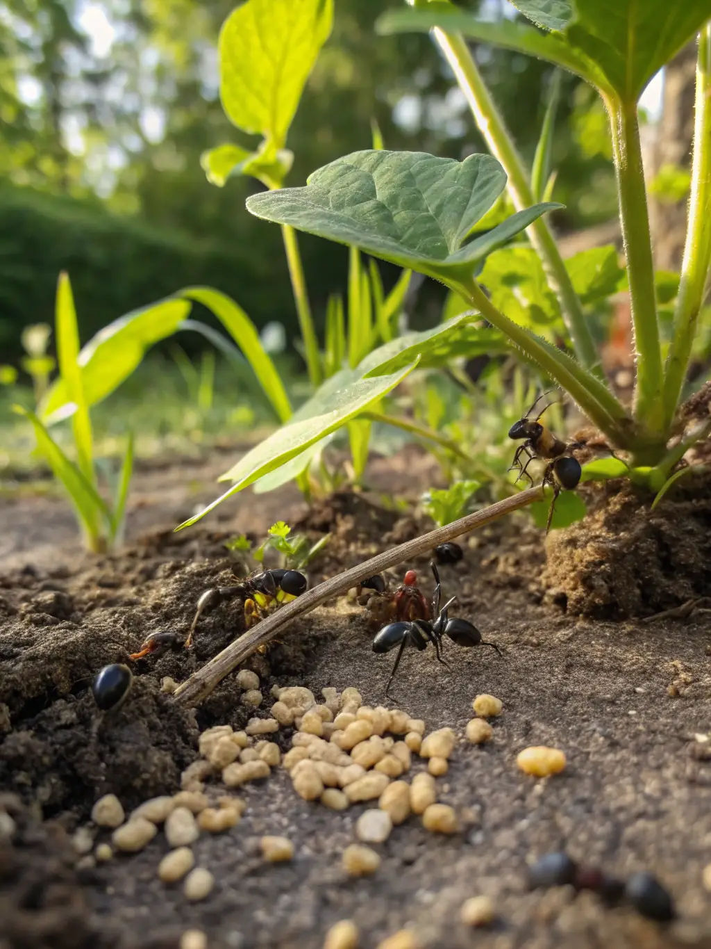 A close-up shot of an ant colony inside a home, with workers carrying food particles, emphasizing the need for professional ant control services.