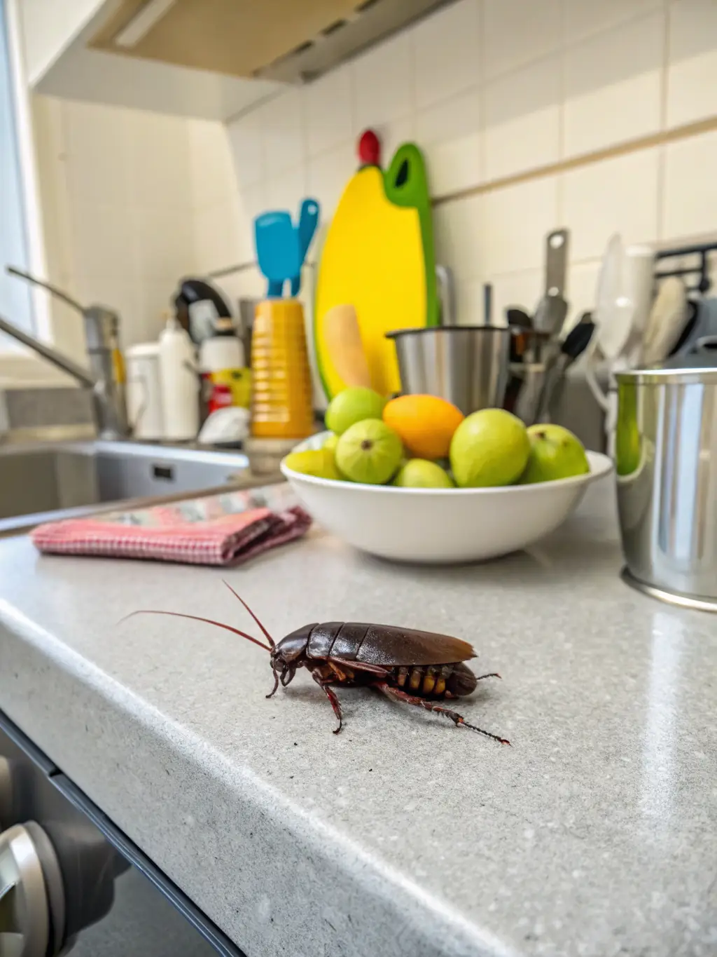 A high-resolution image of a cockroach scurrying across a kitchen counter, highlighting the importance of professional cockroach extermination.