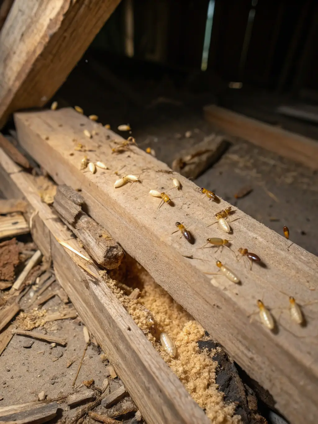 A photograph of a termite-infested wooden structure, illustrating the potential damage caused by termites and the importance of termite control.